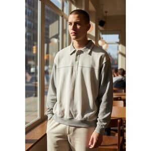 Vintage Saxony Mens Medium Tan Faux Suede Knit Sweater Collared Pullover Lined